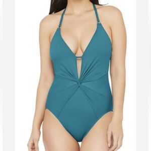 La Blanca One Piece Swimsuit Halter Twist Knot Front Mesh Inserts 4 Peacock 5025